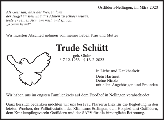 Traueranzeige von Trude Schütt von Eßlinger Zeitung/Cannstatter Zeitung