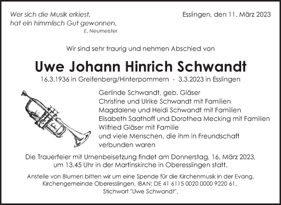 Traueranzeige von Uwe Johann Hinrich Schwandt von Eßlinger Zeitung/Cannstatter Zeitung