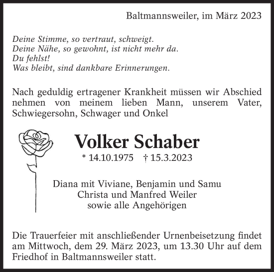 Traueranzeige von Volker Schaber von Eßlinger Zeitung/Cannstatter Zeitung