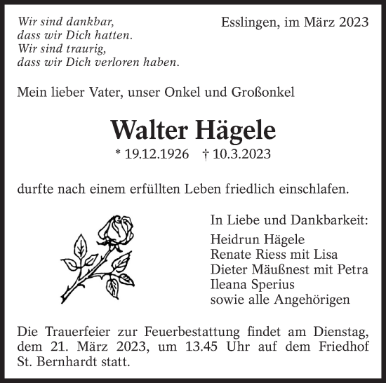 Traueranzeige von Walter Hägele von Eßlinger Zeitung/Cannstatter Zeitung