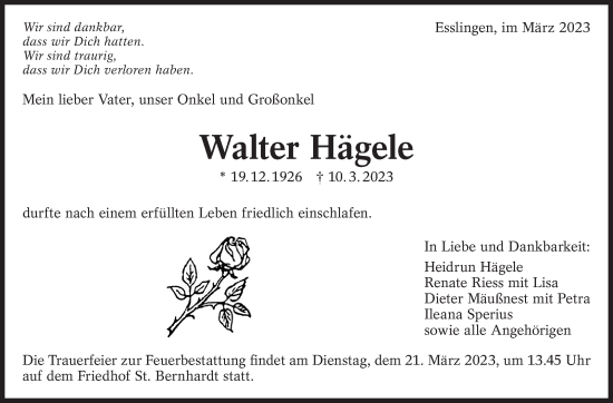 Traueranzeige von Walter Hägele von Eßlinger Zeitung/Cannstatter Zeitung