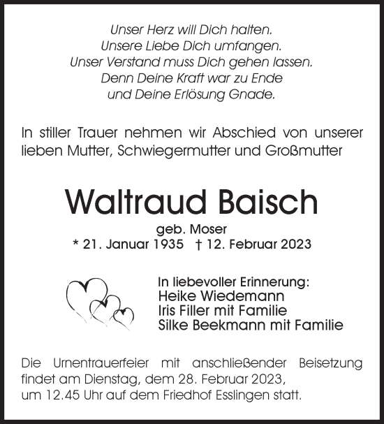 Traueranzeige von Waltraud Baisch von Eßlinger Zeitung/Cannstatter Zeitung
