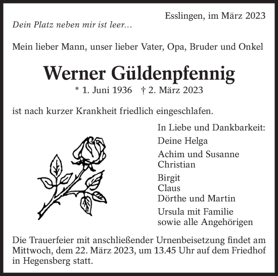 Traueranzeige von Werner Güldenpfennig von Eßlinger Zeitung/Cannstatter Zeitung