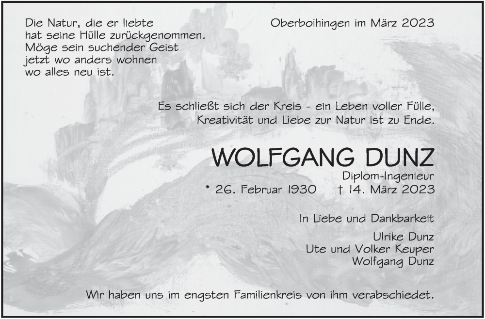  Traueranzeige für Wolfgang Dunz vom 25.03.2023 aus Eßlinger Zeitung/Cannstatter Zeitung