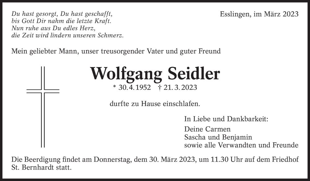  Traueranzeige für Wolfgang Seidler vom 25.03.2023 aus Eßlinger Zeitung/Cannstatter Zeitung