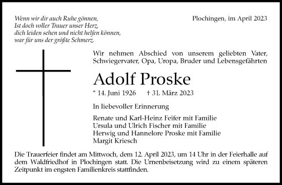 Traueranzeige von Adolf Proske von Eßlinger Zeitung/Cannstatter Zeitung
