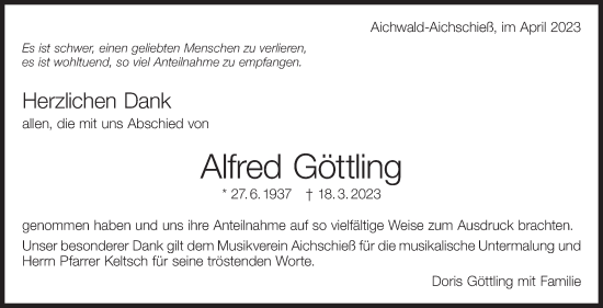 Traueranzeige von Alfred Göttling von Eßlinger Zeitung/Cannstatter Zeitung