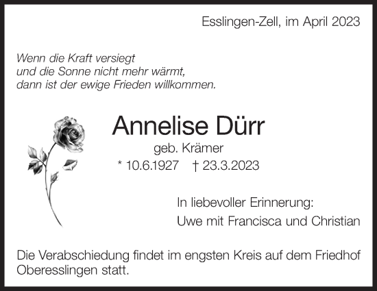 Traueranzeige von Annelise Dürr von Eßlinger Zeitung/Cannstatter Zeitung