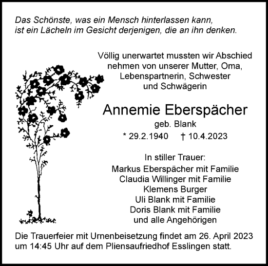 Traueranzeige von Annemie Eberspächer von Eßlinger Zeitung/Cannstatter Zeitung
