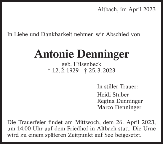 Traueranzeige von Antonie Denninger von Eßlinger Zeitung/Cannstatter Zeitung