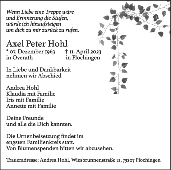 Traueranzeige von Axel Peter Hohl von Eßlinger Zeitung/Cannstatter Zeitung