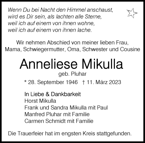 Traueranzeige von Anneliese Mikulla von  ESSLINGER ZEITUNG/CANNSTATTER ZEITUNG