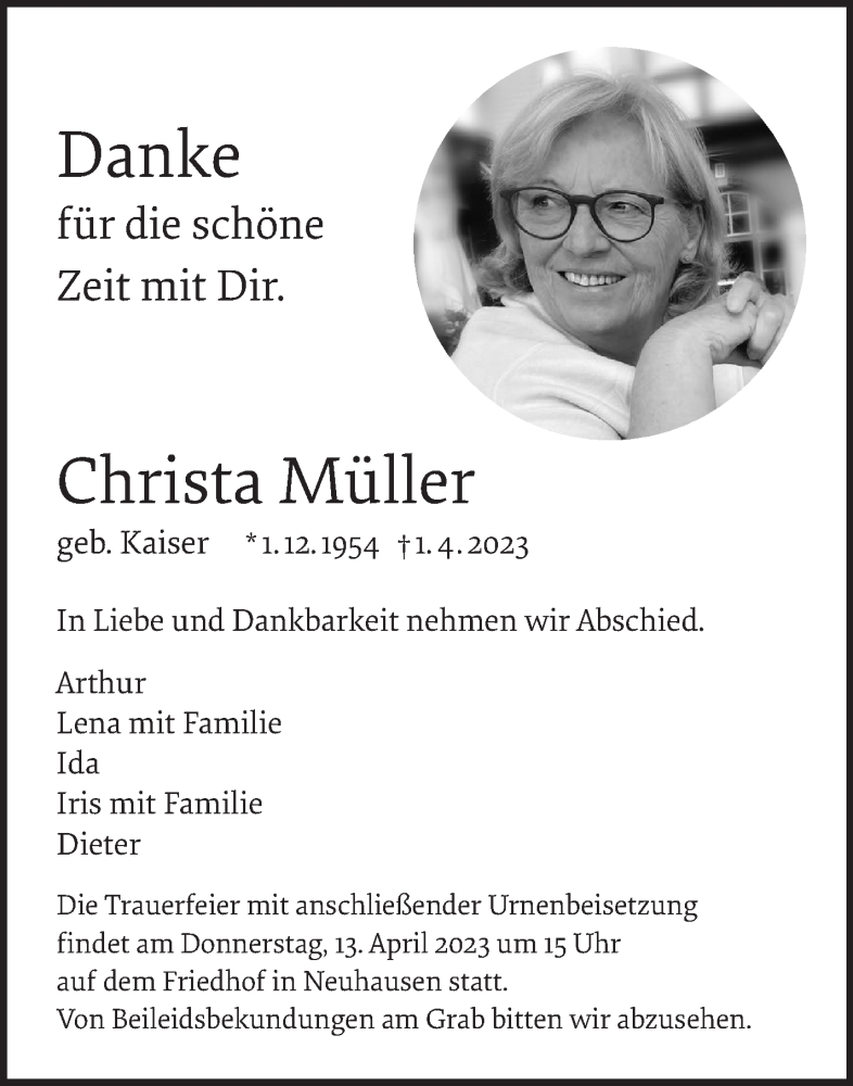  Traueranzeige für Christa Müller vom 08.04.2023 aus Eßlinger Zeitung/Cannstatter Zeitung