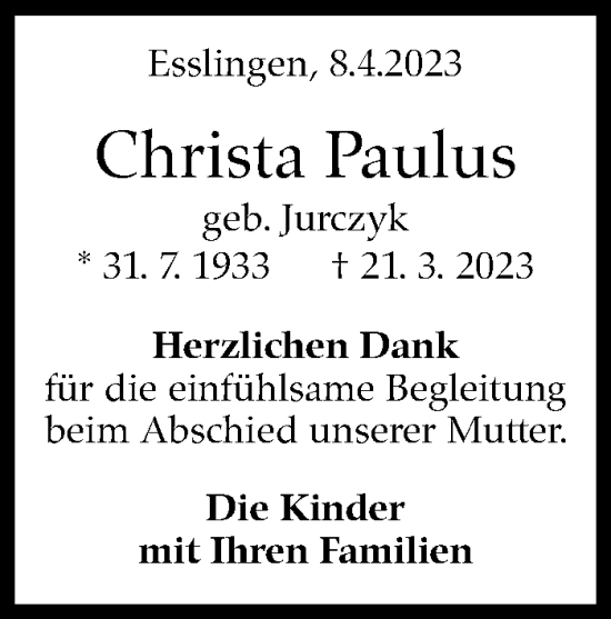 Traueranzeige von Christa Paulus von Eßlinger Zeitung/Cannstatter Zeitung