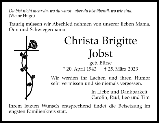 Traueranzeige von Christa Brigitte Jobst von Eßlinger Zeitung/Cannstatter Zeitung