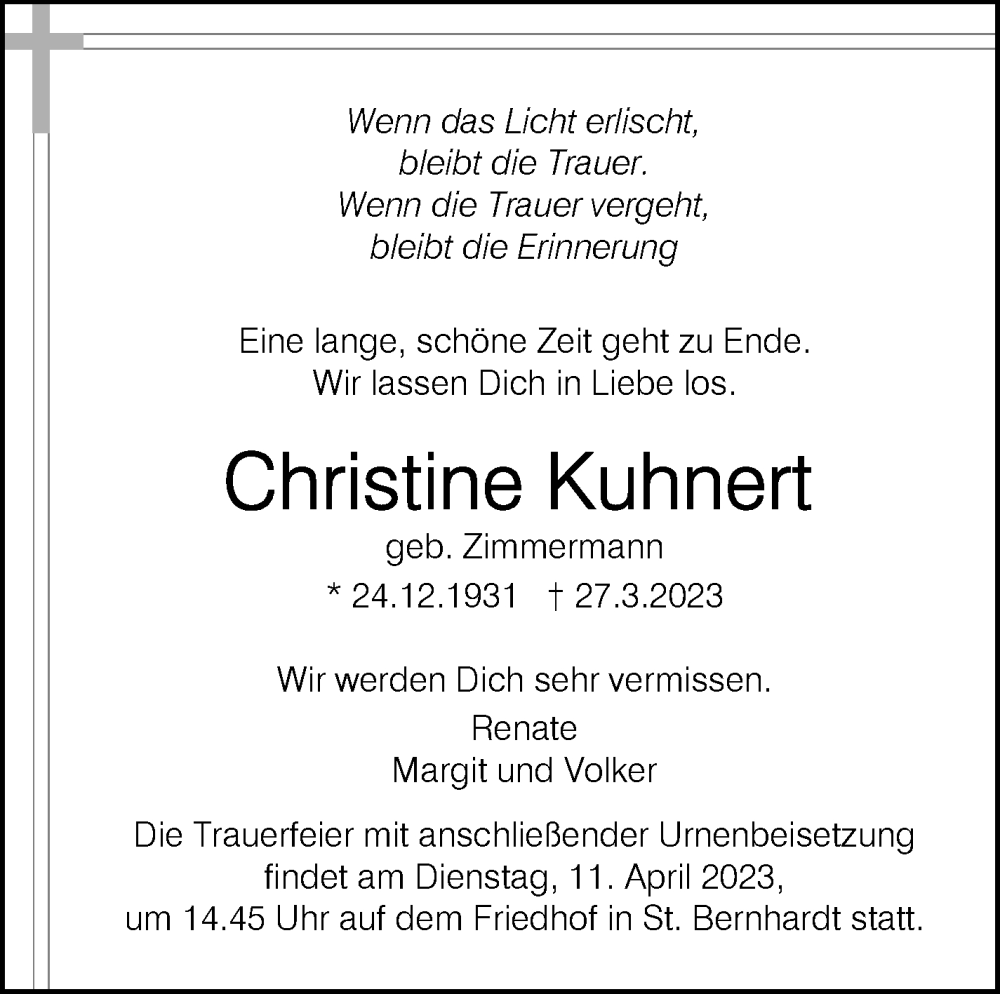  Traueranzeige für Christine Kuhnert vom 06.04.2023 aus Eßlinger Zeitung/Cannstatter Zeitung