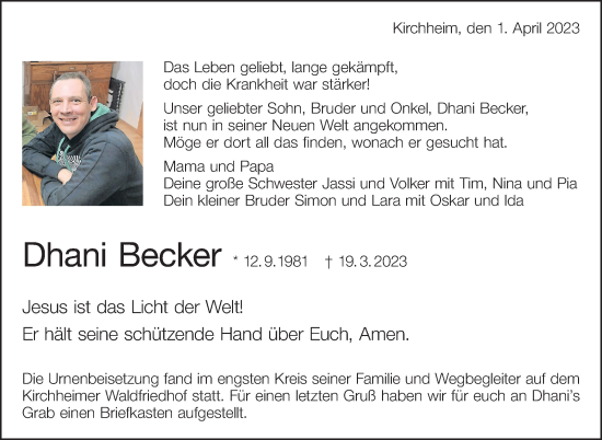 Traueranzeige von Dhani Becker von Eßlinger Zeitung/Cannstatter Zeitung