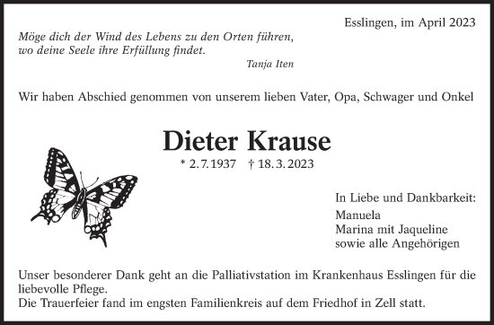 Traueranzeige von Dieter Krause von Eßlinger Zeitung/Cannstatter Zeitung