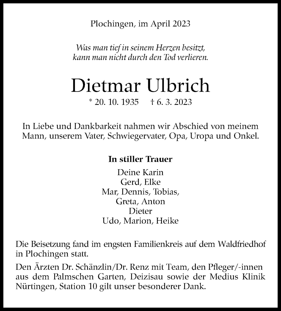  Traueranzeige für Dietmar Ulbrich vom 01.04.2023 aus Eßlinger Zeitung/Cannstatter Zeitung