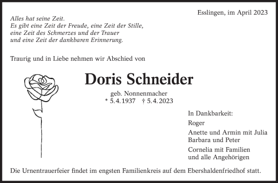 Traueranzeige von Doris Schneider von Eßlinger Zeitung/Cannstatter Zeitung