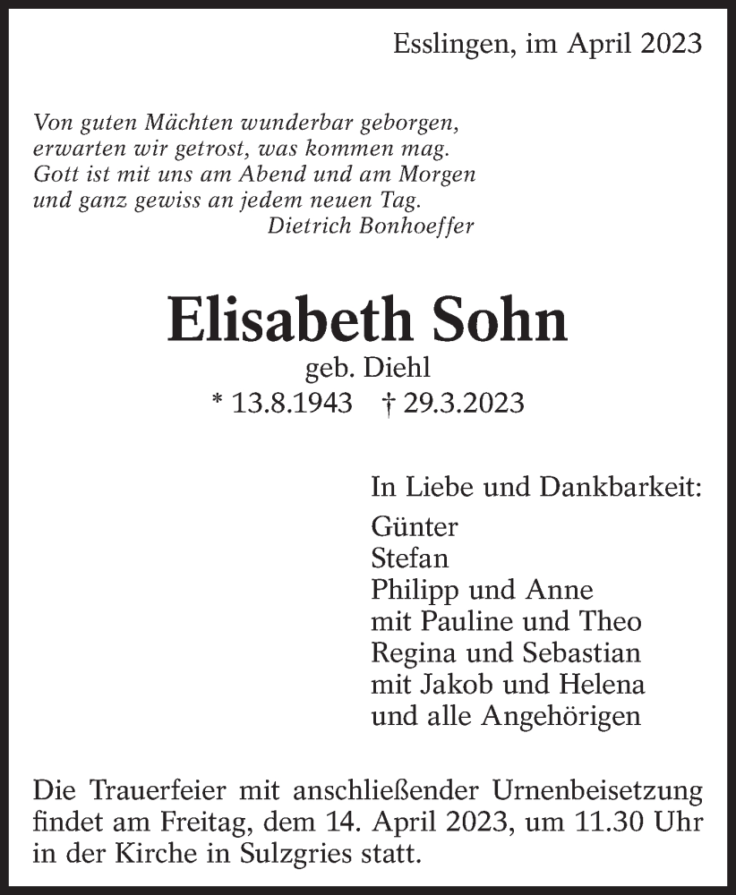  Traueranzeige für Elisabeth Sohn vom 01.04.2023 aus Eßlinger Zeitung/Cannstatter Zeitung