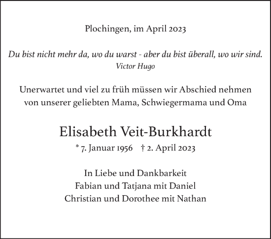 Traueranzeige von Elisabeth Veit-Burkhardt von Eßlinger Zeitung/Cannstatter Zeitung
