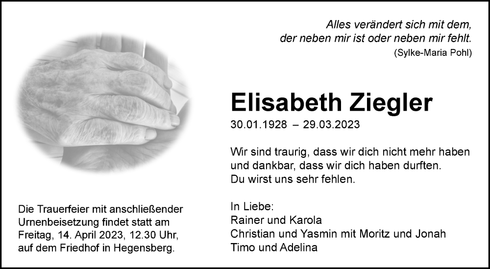  Traueranzeige für Elisabeth Ziegler vom 06.04.2023 aus Eßlinger Zeitung/Cannstatter Zeitung