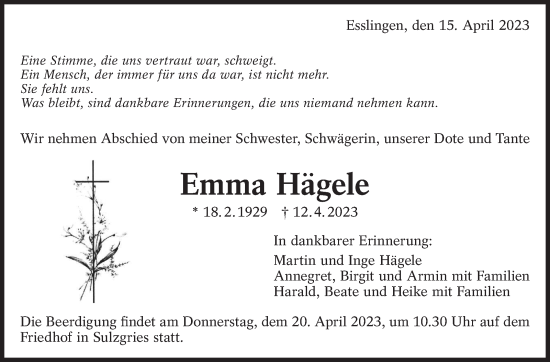 Traueranzeige von Emma Hägele von Eßlinger Zeitung/Cannstatter Zeitung