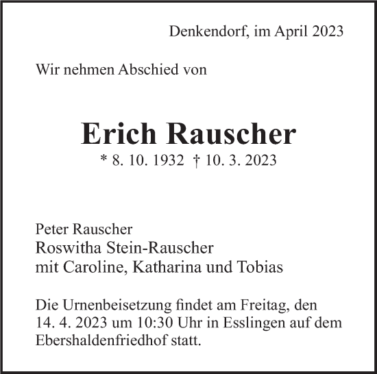 Traueranzeige von Erich Rauscher von Eßlinger Zeitung/Cannstatter Zeitung