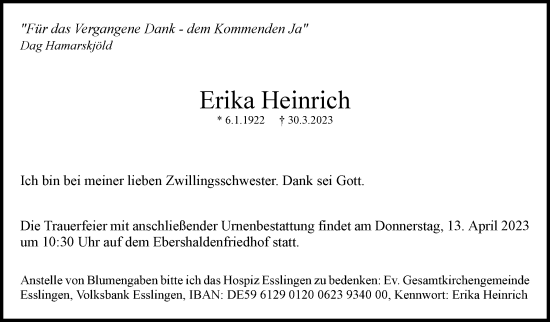 Traueranzeige von Erika Heinrich von Eßlinger Zeitung/Cannstatter Zeitung