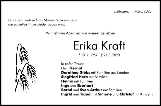Traueranzeige von Erika Kraft von Eßlinger Zeitung/Cannstatter Zeitung