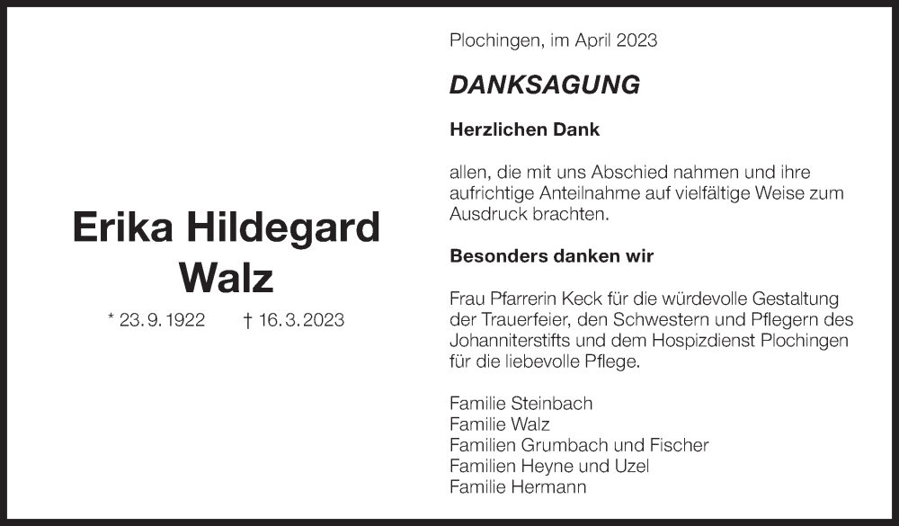  Traueranzeige für Erika Hildegard Walz vom 22.04.2023 aus Eßlinger Zeitung/Cannstatter Zeitung