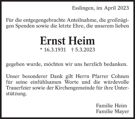 Traueranzeige von Ernst Heim von Eßlinger Zeitung/Cannstatter Zeitung
