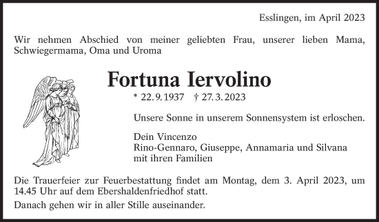 Traueranzeige von Fortuna Iervolino von Eßlinger Zeitung/Cannstatter Zeitung