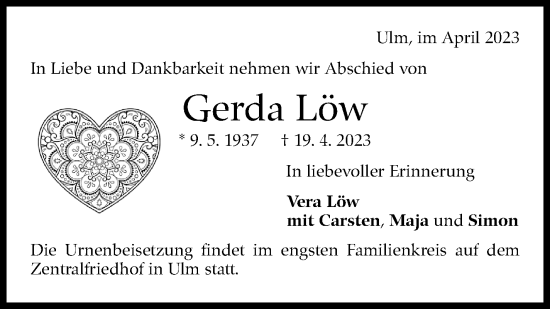 Traueranzeige von Gerda Löw von Eßlinger Zeitung/Cannstatter Zeitung