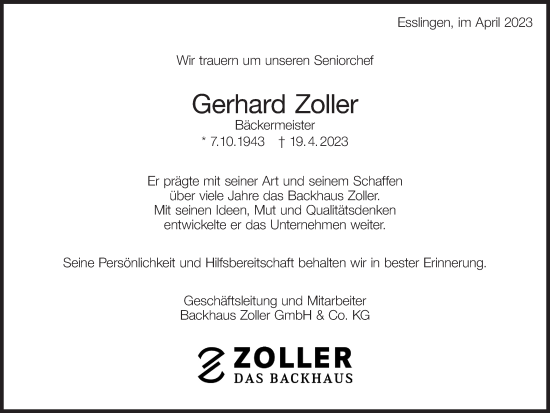 Traueranzeige von Gerhard Zoller von Eßlinger Zeitung/Cannstatter Zeitung