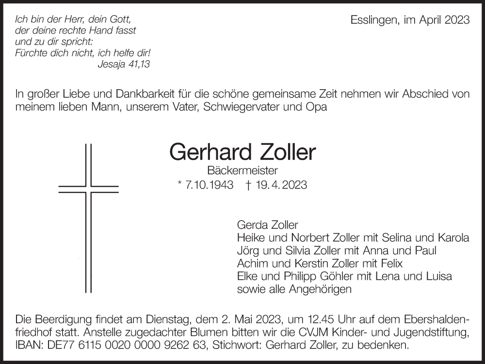  Traueranzeige für Gerhard Zoller vom 25.04.2023 aus Eßlinger Zeitung/Cannstatter Zeitung