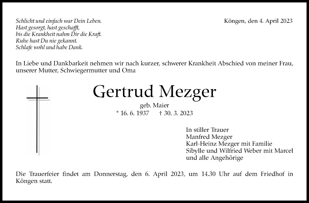  Traueranzeige für Gertrud Mezger vom 04.04.2023 aus Eßlinger Zeitung/Cannstatter Zeitung
