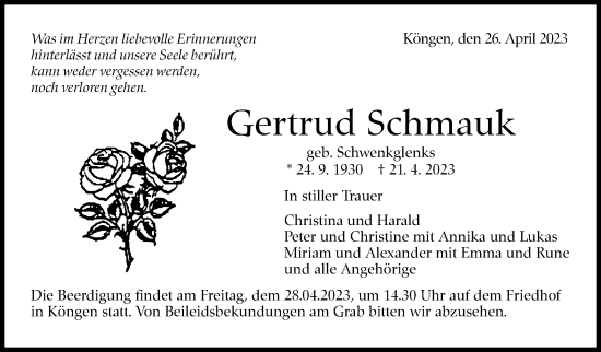 Traueranzeige von Gertrud Schmauk von Eßlinger Zeitung/Cannstatter Zeitung