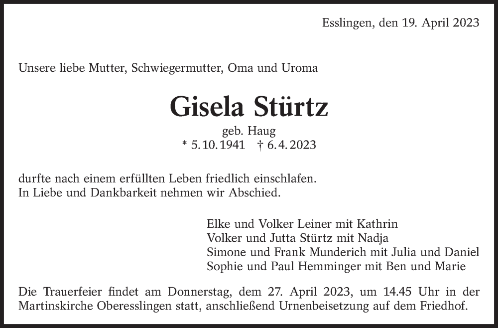  Traueranzeige für Gisela Stürtz vom 19.04.2023 aus Eßlinger Zeitung/Cannstatter Zeitung