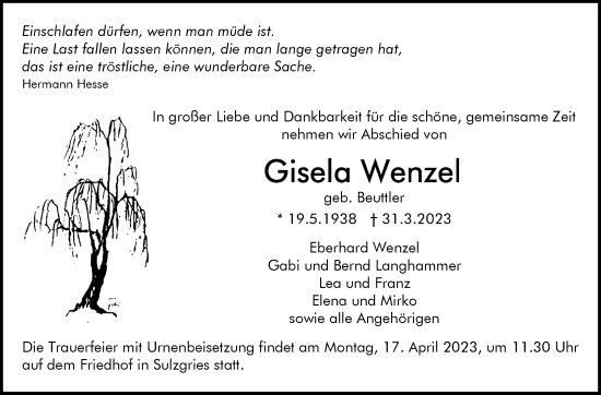 Traueranzeige von Gisela Wenzel von Eßlinger Zeitung/Cannstatter Zeitung
