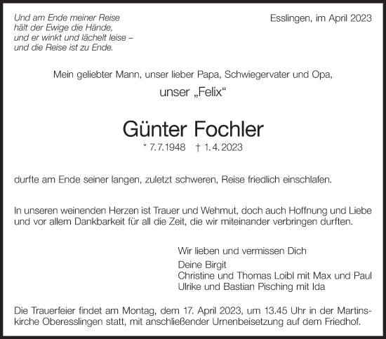 Traueranzeige von Günter Fochler von Eßlinger Zeitung/Cannstatter Zeitung