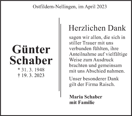 Traueranzeige von Günter Schaber von Eßlinger Zeitung/Cannstatter Zeitung