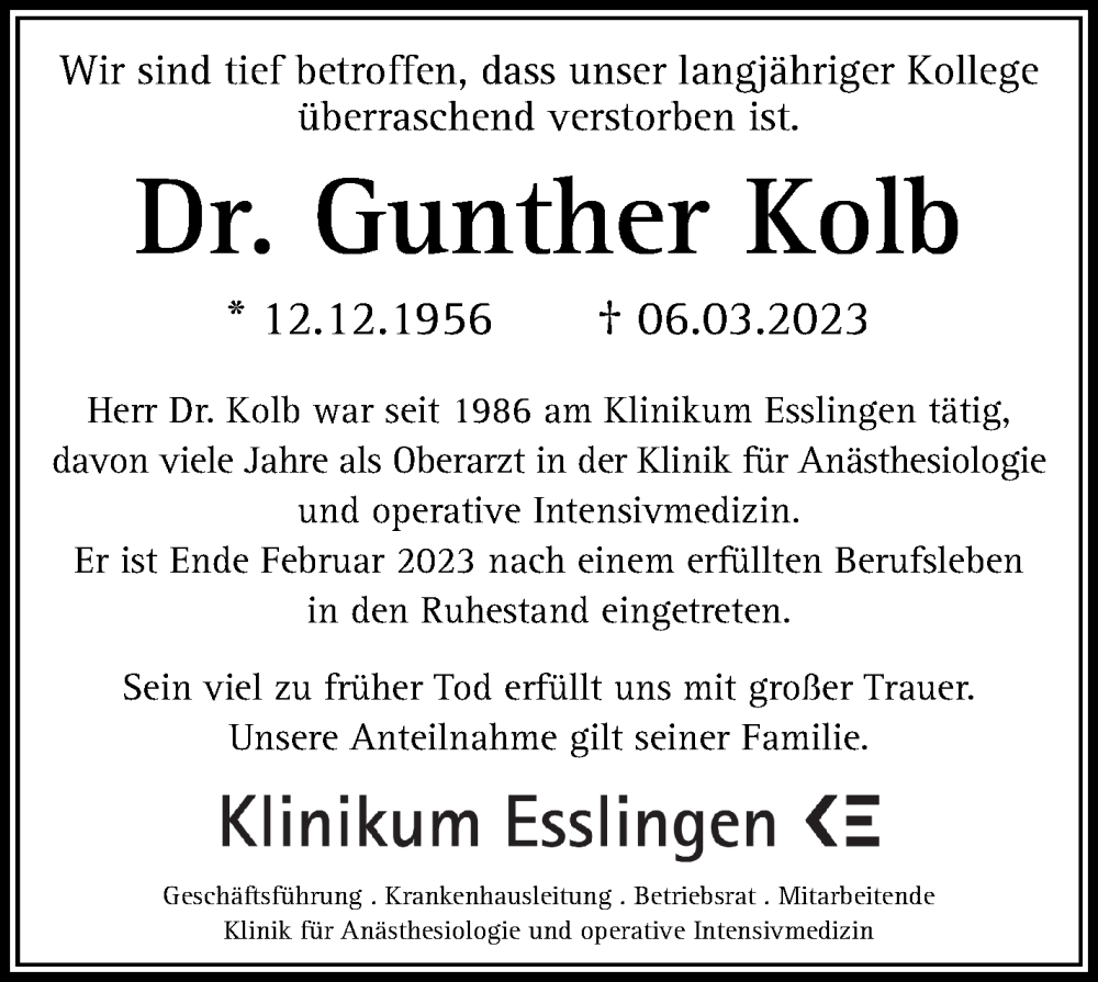  Traueranzeige für Gunther Kolb vom 08.04.2023 aus Eßlinger Zeitung/Cannstatter Zeitung