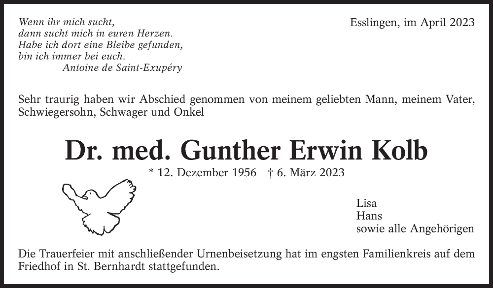  Traueranzeige für Gunther Erwin Kolb vom 08.04.2023 aus Eßlinger Zeitung/Cannstatter Zeitung