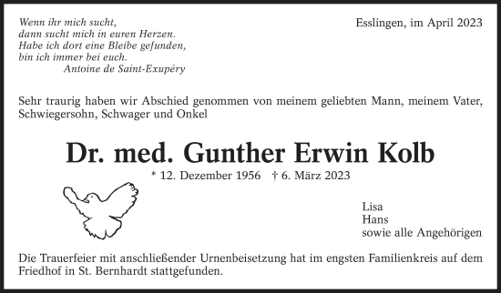 Traueranzeige von Gunther Erwin Kolb von Eßlinger Zeitung/Cannstatter Zeitung