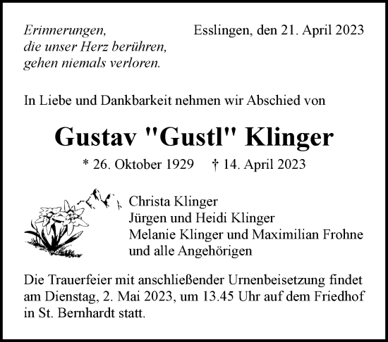 Traueranzeige von Gustav Klinger von Eßlinger Zeitung/Cannstatter Zeitung