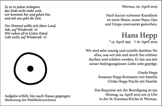 Traueranzeige von Hans Hepp von Eßlinger Zeitung/Cannstatter Zeitung