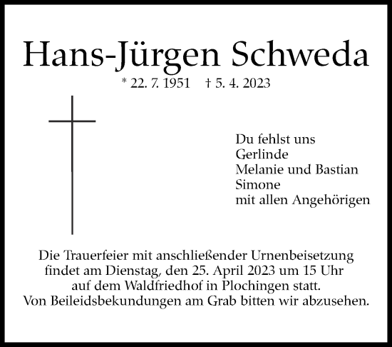 Traueranzeige von Hans-Jürgen Schweda von Eßlinger Zeitung/Cannstatter Zeitung