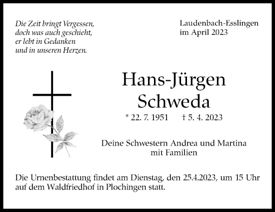 Traueranzeige von Hans-Jürgen Schweda von Eßlinger Zeitung/Cannstatter Zeitung